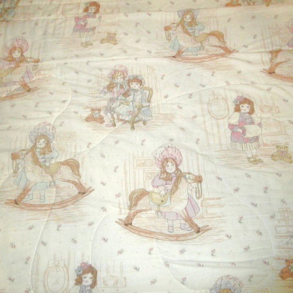 Vtg Victorian Doll Crib Quilt Toddler Bed Reversible Horse Bear Girl Friends